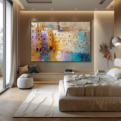 Citadel of Memories: Textured Impasto Cityscape Oil Painting | black frame version on white wall