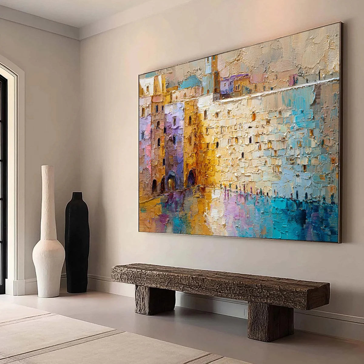 Citadel of Memories: Textured Impasto Cityscape Oil Painting | textured impasto mood, soft natural light studio shot