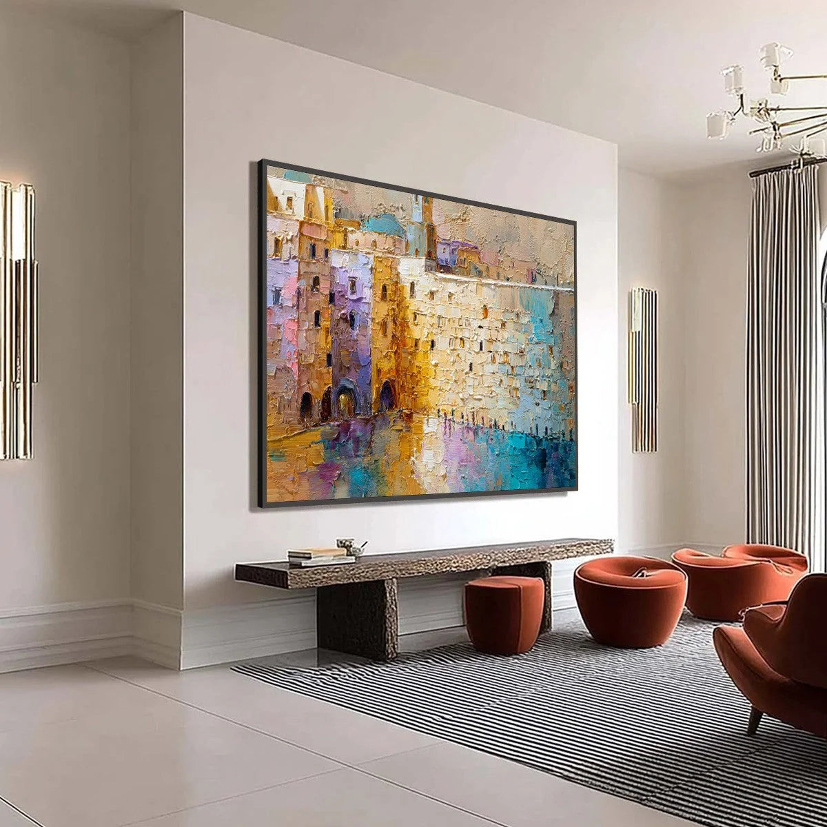 Citadel of Memories: Textured Impasto Cityscape Oil Painting | beige palette, original office art