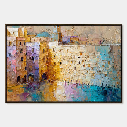 Citadel of Memories: Textured Impasto Cityscape Oil Painting | hanging in living room, textured impasto wall art