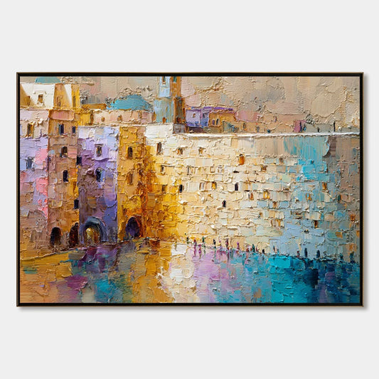 Citadel of Memories: Textured Impasto Cityscape Oil Painting | hanging in living room, textured impasto wall art