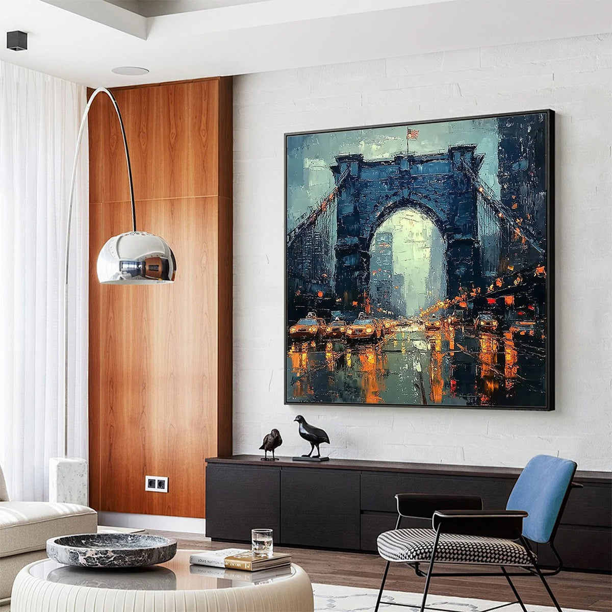 CITY LIGHTS: Impressionistic Cityscape Oil Painting | gold frame stretched on neutral wall