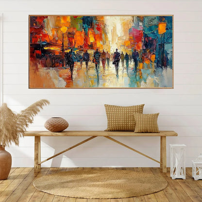 CITY LIGHTS: Textured Impasto Cityscape Oil Painting | gold frame stretched on neutral wall