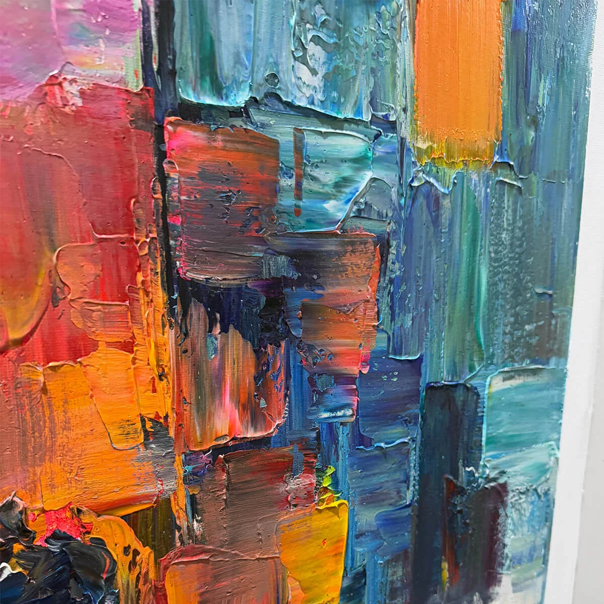 CITY LIGHTS: Textured Impasto Cityscape Oil Painting | black frame version on white wall