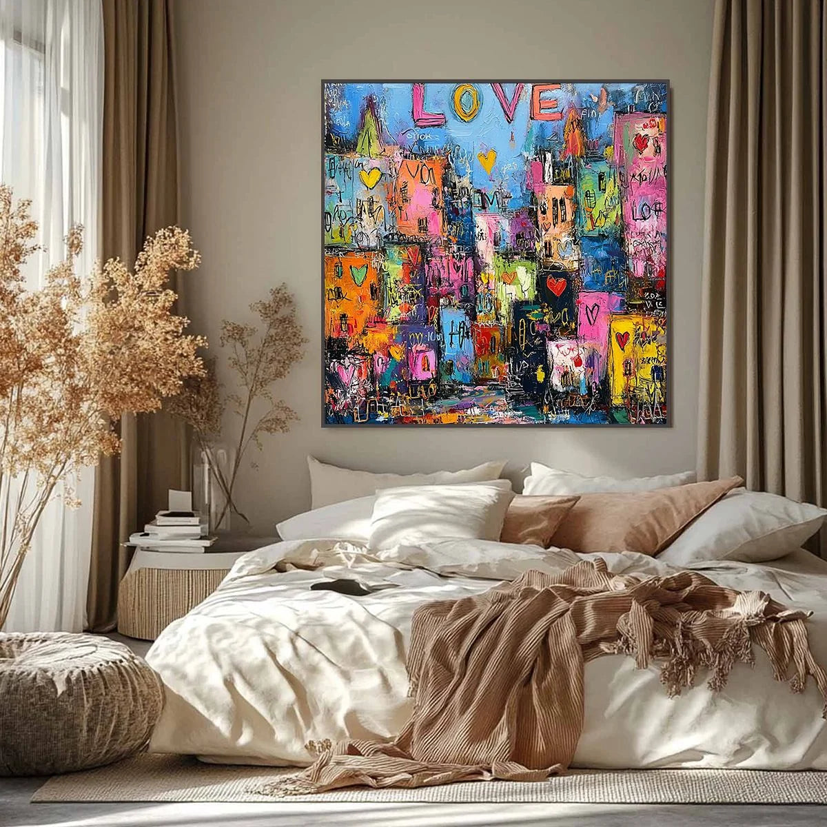 CITY OF LOVE: Vibrant Textured Abstract Cityscape Love | abstract closeup, raised brushwork detail