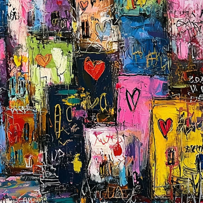 CITY OF LOVE: Vibrant Textured Abstract Cityscape Love | rectangular format, hand-painted canvas edge
