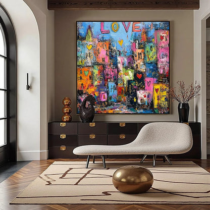 CITY OF LOVE: Vibrant Textured Abstract Cityscape Love | gold frame stretched on neutral wall