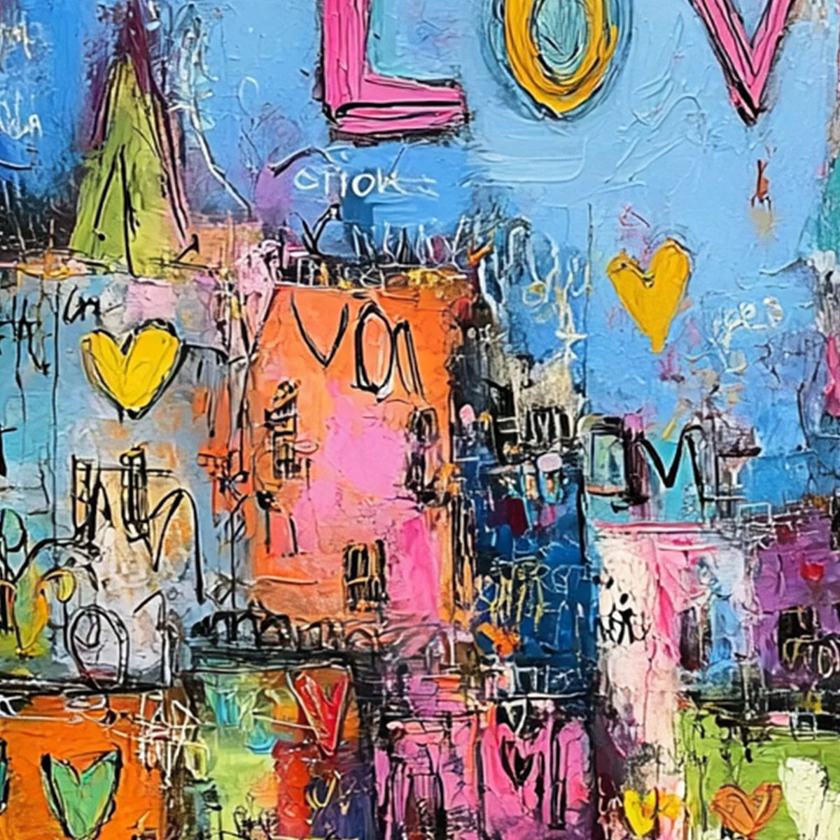 CITY OF LOVE: Vibrant Textured Abstract Cityscape Love | rolled canvas, ready for custom framing