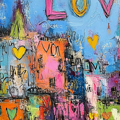 CITY OF LOVE: Vibrant Textured Abstract Cityscape Love | rolled canvas, ready for custom framing