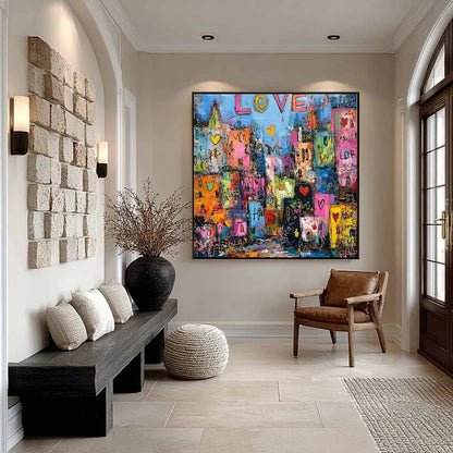 CITY OF LOVE: Vibrant Textured Abstract Cityscape Love | black frame version on white wall