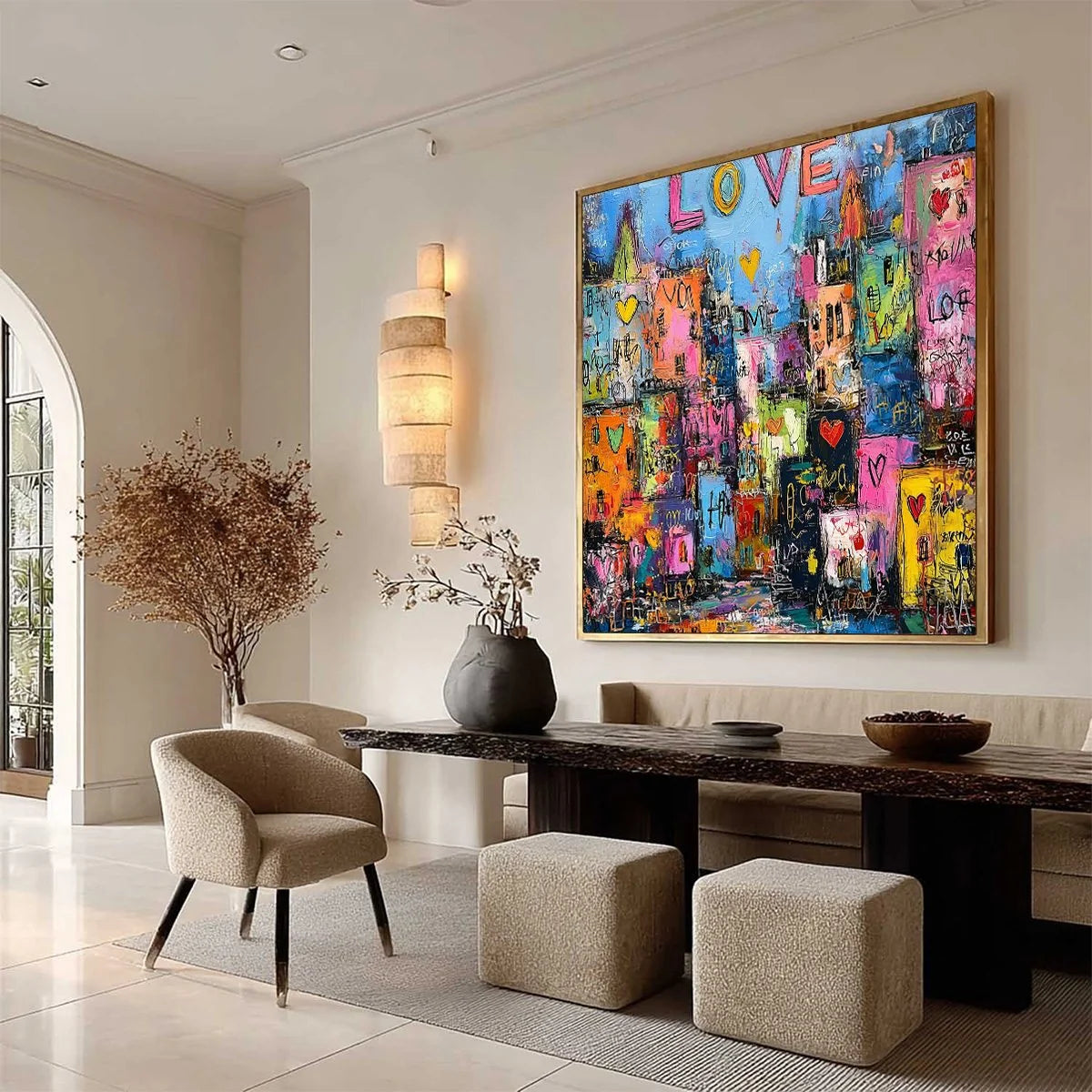 CITY OF LOVE: Vibrant Textured Abstract Cityscape Love | beige palette, original bedroom art