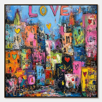 CITY OF LOVE: Vibrant Textured Abstract Cityscape Love | hanging in living room, abstract wall art