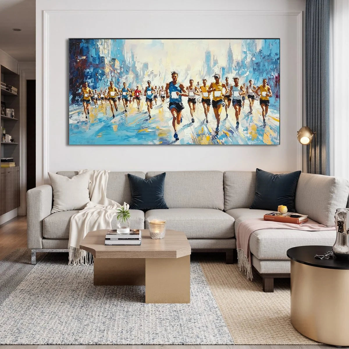 CITY STRIDE: Textured Urban Marathon Scene Oil Painting | textured closeup, raised brushwork detail