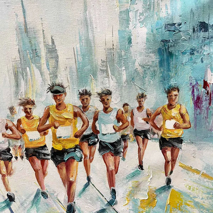 CITY STRIDE: Textured Urban Marathon Scene Oil Painting | rectangular format, hand-painted canvas edge