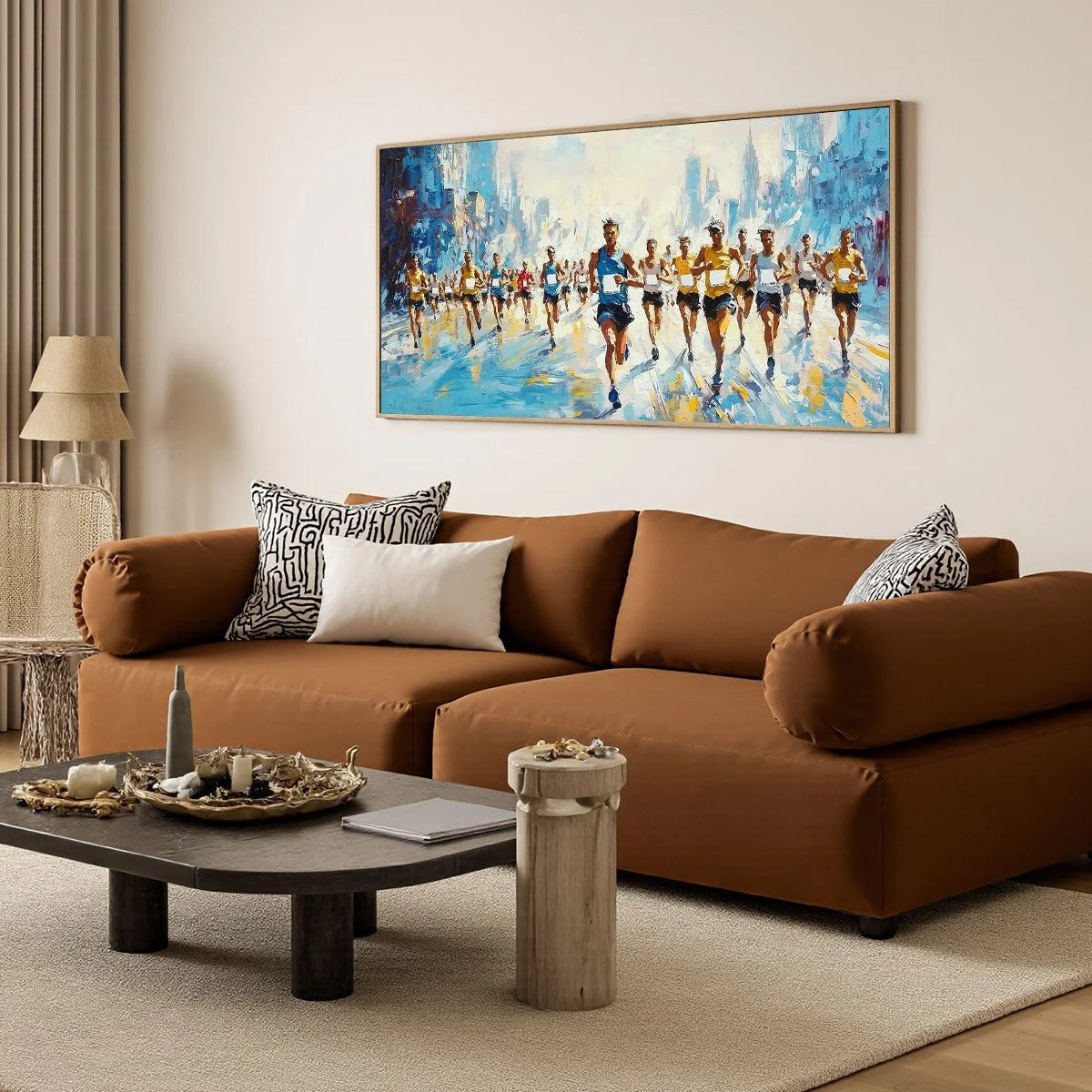 CITY STRIDE: Textured Urban Marathon Scene Oil Painting | gold frame stretched on neutral wall