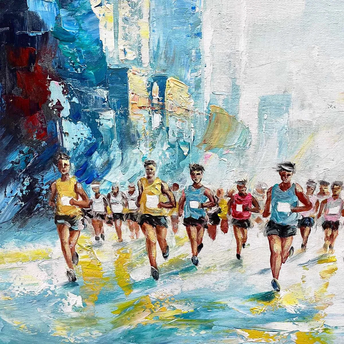 CITY STRIDE: Textured Urban Marathon Scene Oil Painting | rolled canvas, ready for custom framing