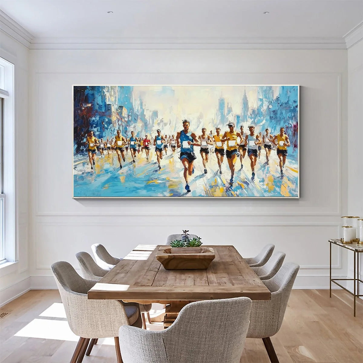 CITY STRIDE: Textured Urban Marathon Scene Oil Painting | black frame version on white wall