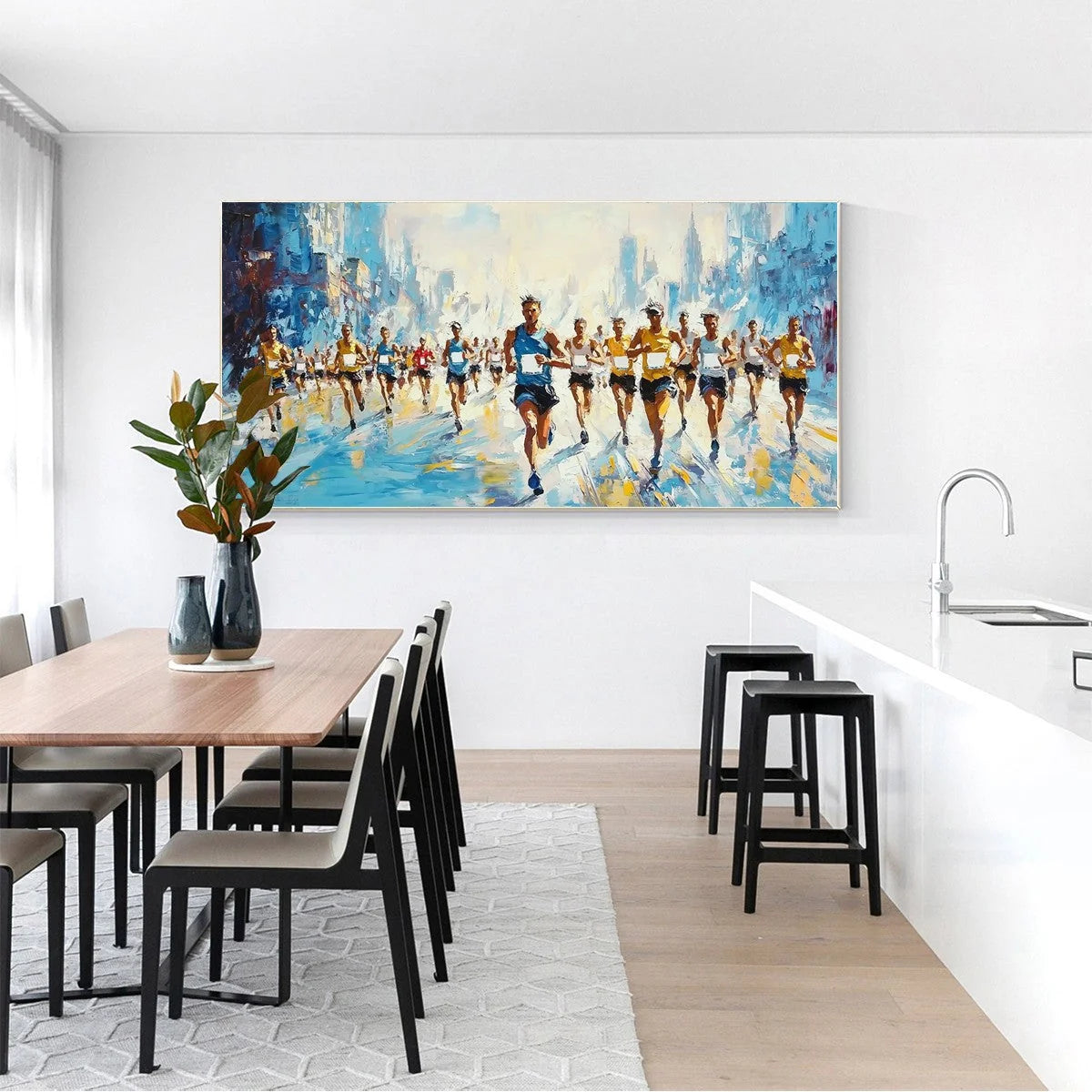 CITY STRIDE: Textured Urban Marathon Scene Oil Painting | textured mood, soft natural light studio shot