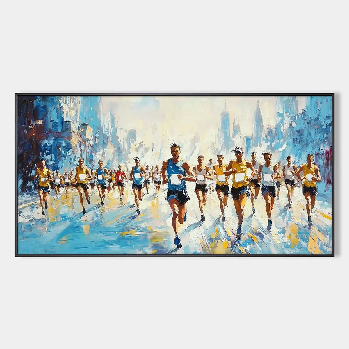 CITY STRIDE: Textured Urban Marathon Scene Oil Painting | hanging in living room, textured wall art