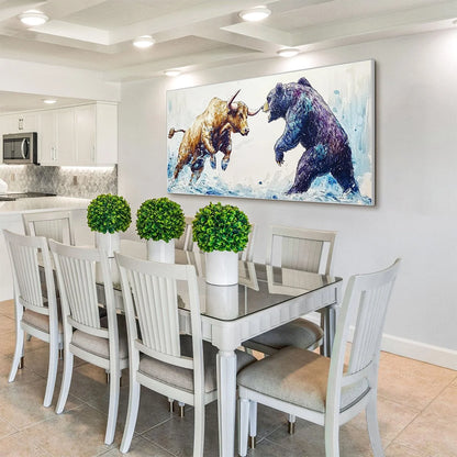 CLASH OF FORCES: Panoramic Wildlife Oil Painting | gold frame stretched on neutral wall