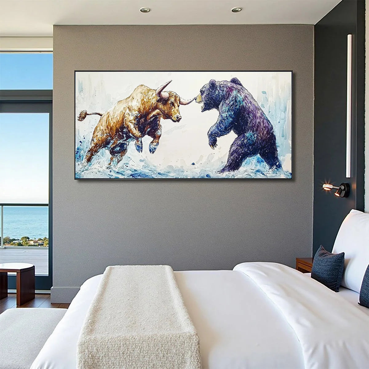 CLASH OF FORCES: Panoramic Wildlife Oil Painting | expressive mood, soft natural light studio shot