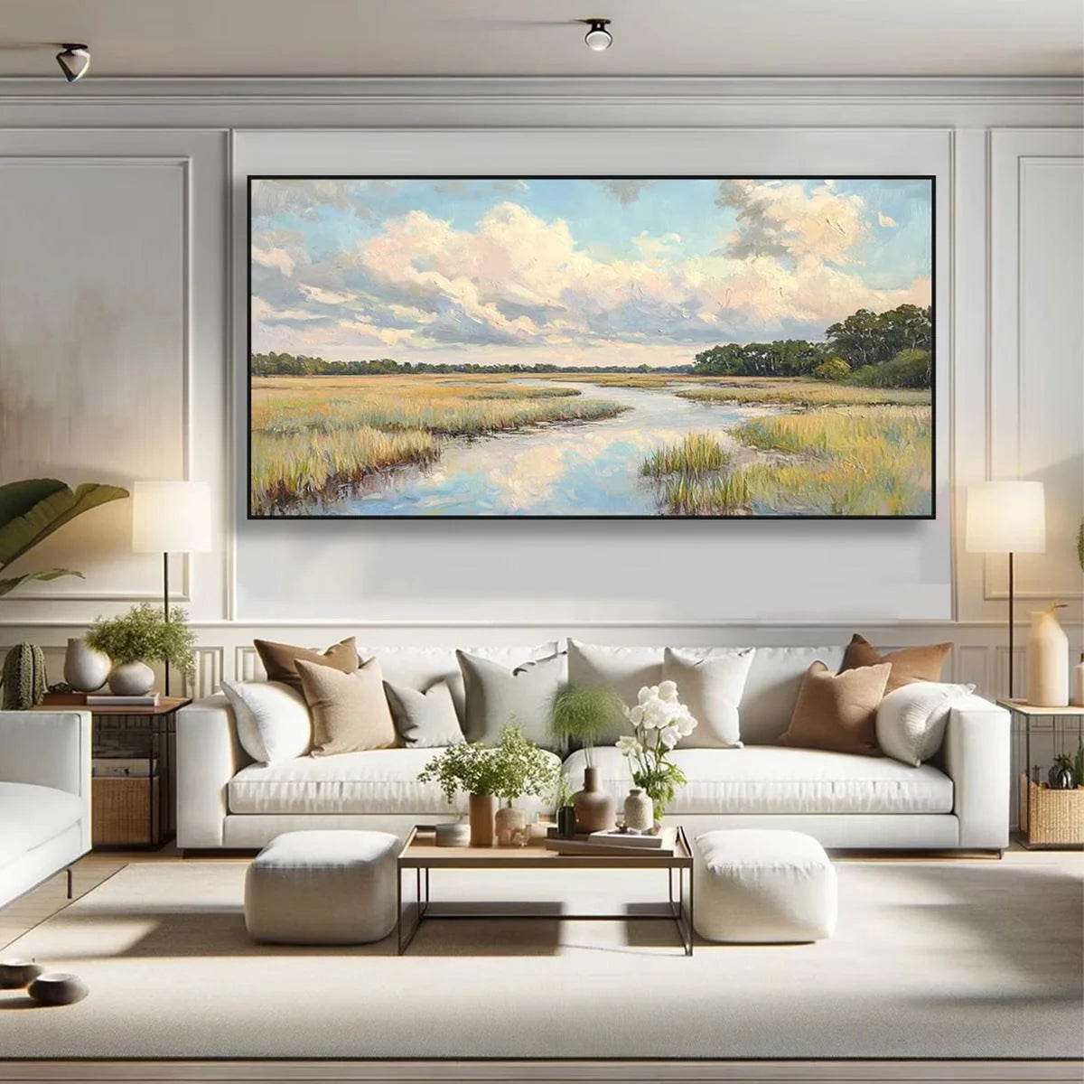 CLOUDBREAK MARSH: Serene River Marsh Landscape Painting | textured closeup, raised brushwork detail