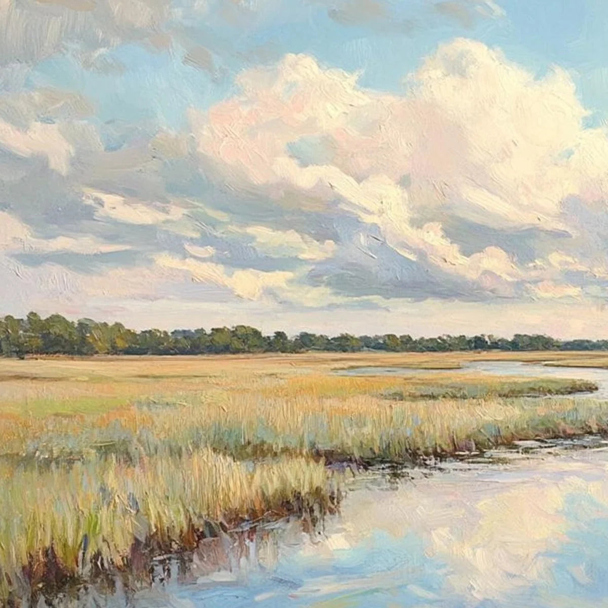 CLOUDBREAK MARSH: Serene River Marsh Landscape Painting | rectangular format, hand-painted canvas edge