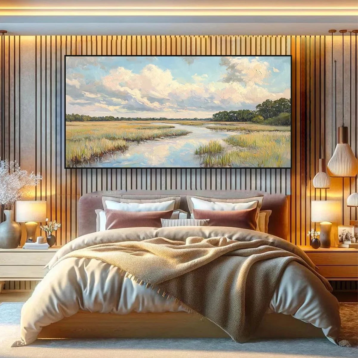 CLOUDBREAK MARSH: Serene River Marsh Landscape Painting | gold frame stretched on neutral wall