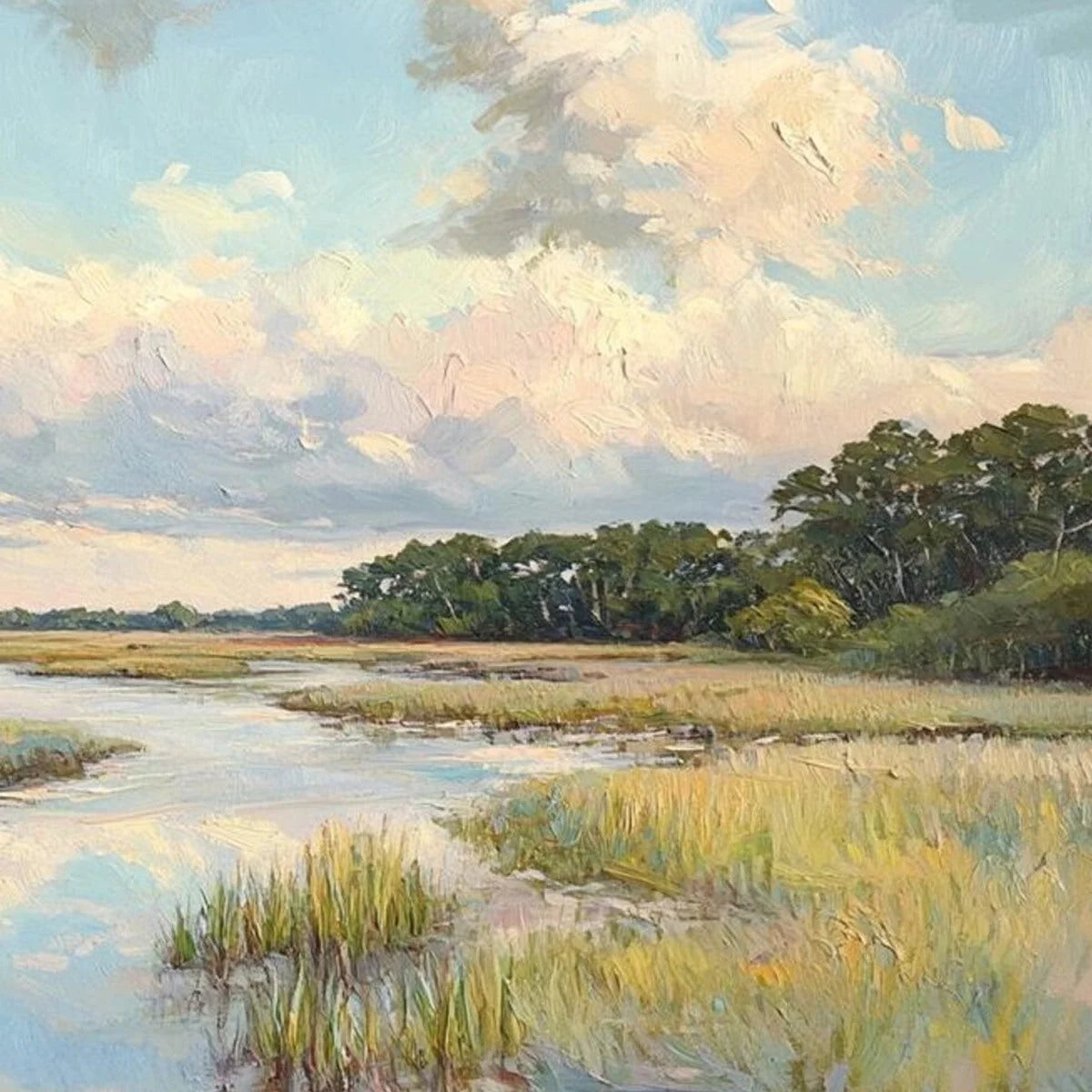 CLOUDBREAK MARSH: Serene River Marsh Landscape Painting | rolled canvas, ready for custom framing