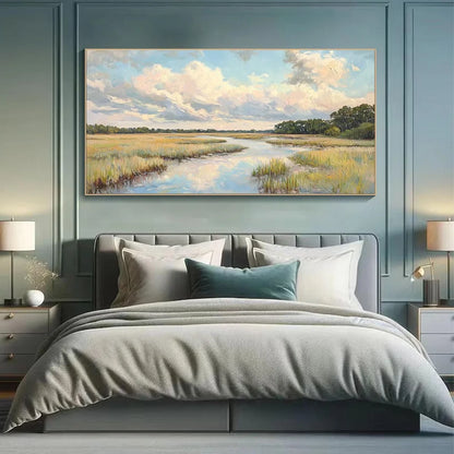 CLOUDBREAK MARSH: Serene River Marsh Landscape Painting | black frame version on white wall