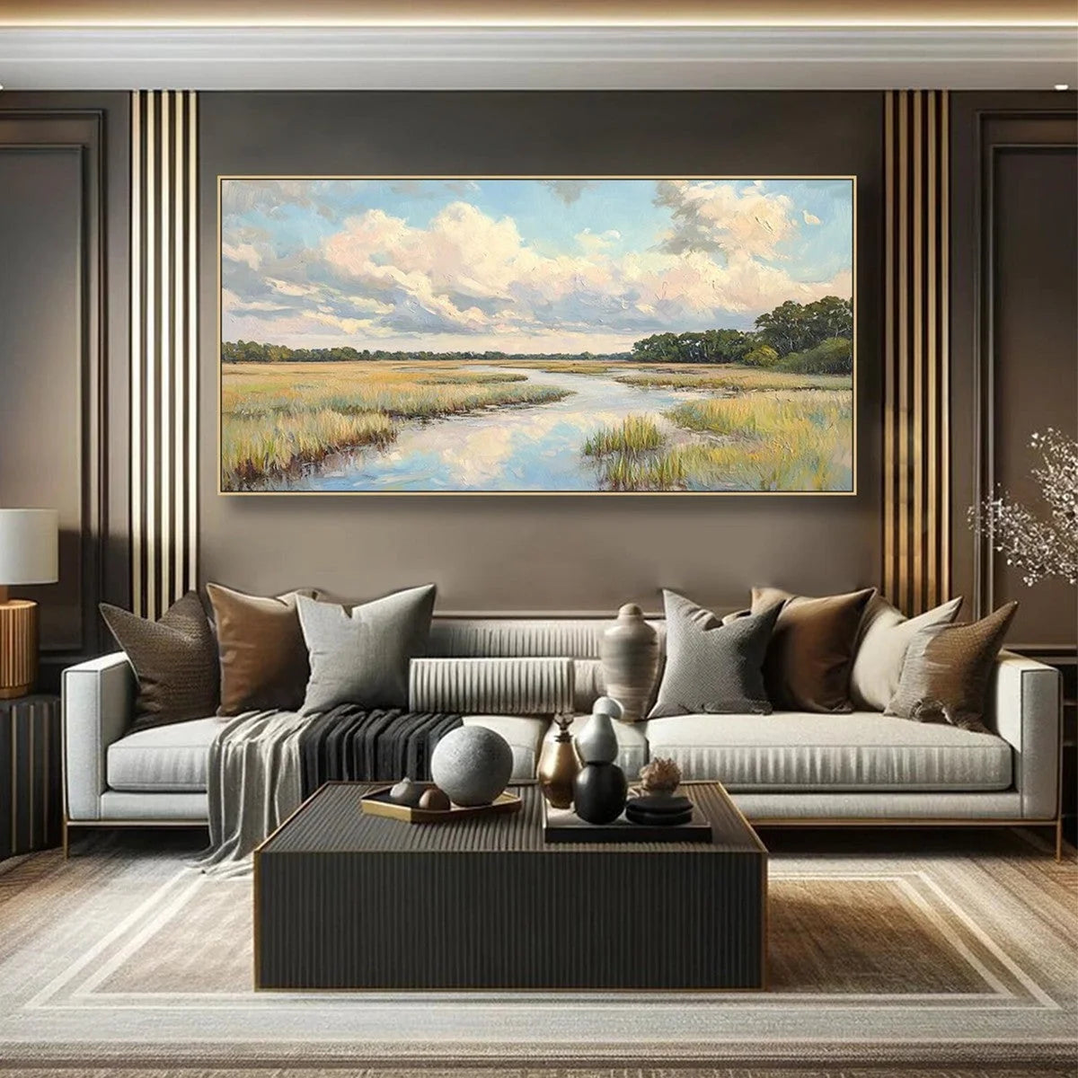 CLOUDBREAK MARSH: Serene River Marsh Landscape Painting | textured mood, soft natural light studio shot