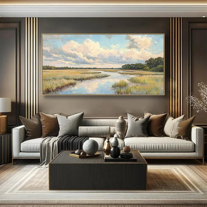 CLOUDBREAK MARSH: Serene River Marsh Landscape Painting | textured mood, soft natural light studio shot