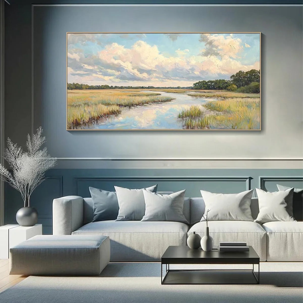 CLOUDBREAK MARSH: Serene River Marsh Landscape Painting | green palette, original dining room art