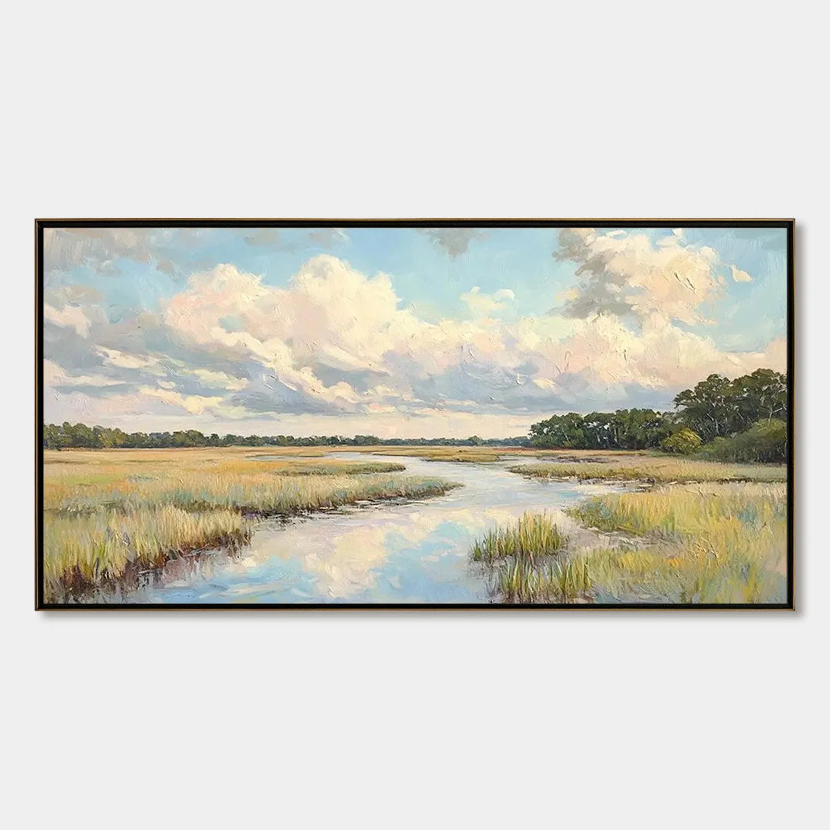 CLOUDBREAK MARSH: Serene River Marsh Landscape Painting | hanging in living room, textured wall art