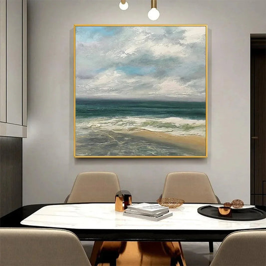 CLOUDY COASTAL SCENE: Square Coastal Landscape Painting, Square Wall Art
