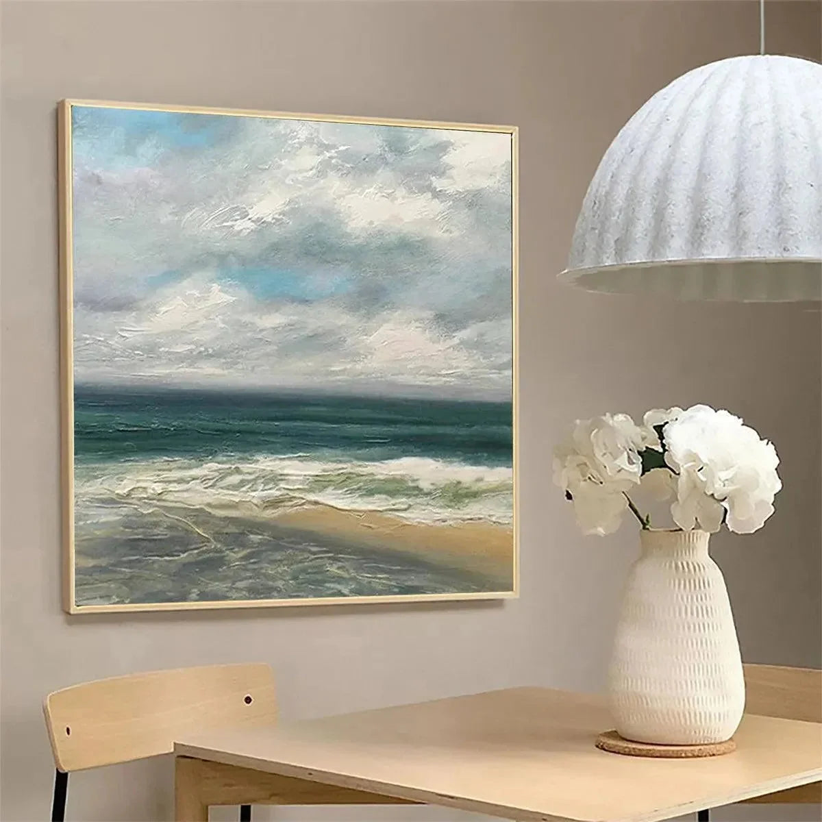CLOUDY COASTAL SCENE: Square Coastal Landscape Painting | gold frame stretched on neutral wall