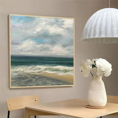 CLOUDY COASTAL SCENE: Square Coastal Landscape Painting | gold frame stretched on neutral wall