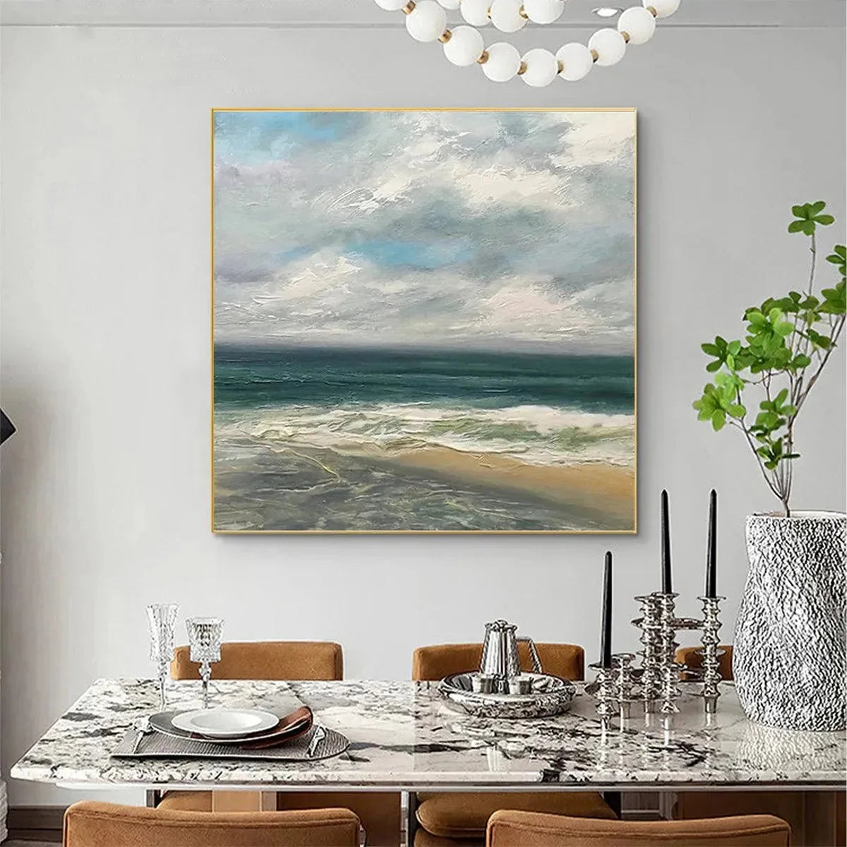 CLOUDY COASTAL SCENE: Square Coastal Landscape Painting | rolled canvas, ready for custom framing