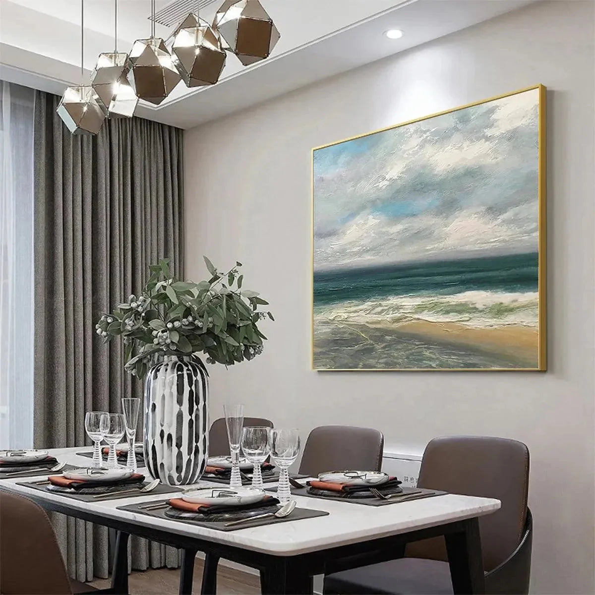 CLOUDY COASTAL SCENE: Square Coastal Landscape Painting | black frame version on white wall