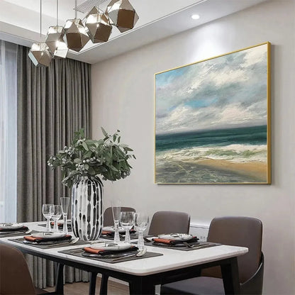 CLOUDY COASTAL SCENE: Square Coastal Landscape Painting | black frame version on white wall