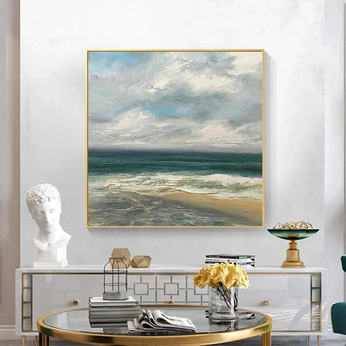CLOUDY COASTAL SCENE: Square Coastal Landscape Painting | textured mood, soft natural light studio shot