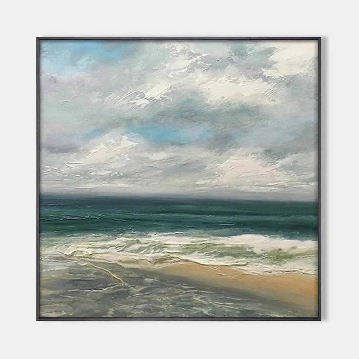 CLOUDY COASTAL SCENE: Square Coastal Landscape Painting | hanging in living room, textured wall art