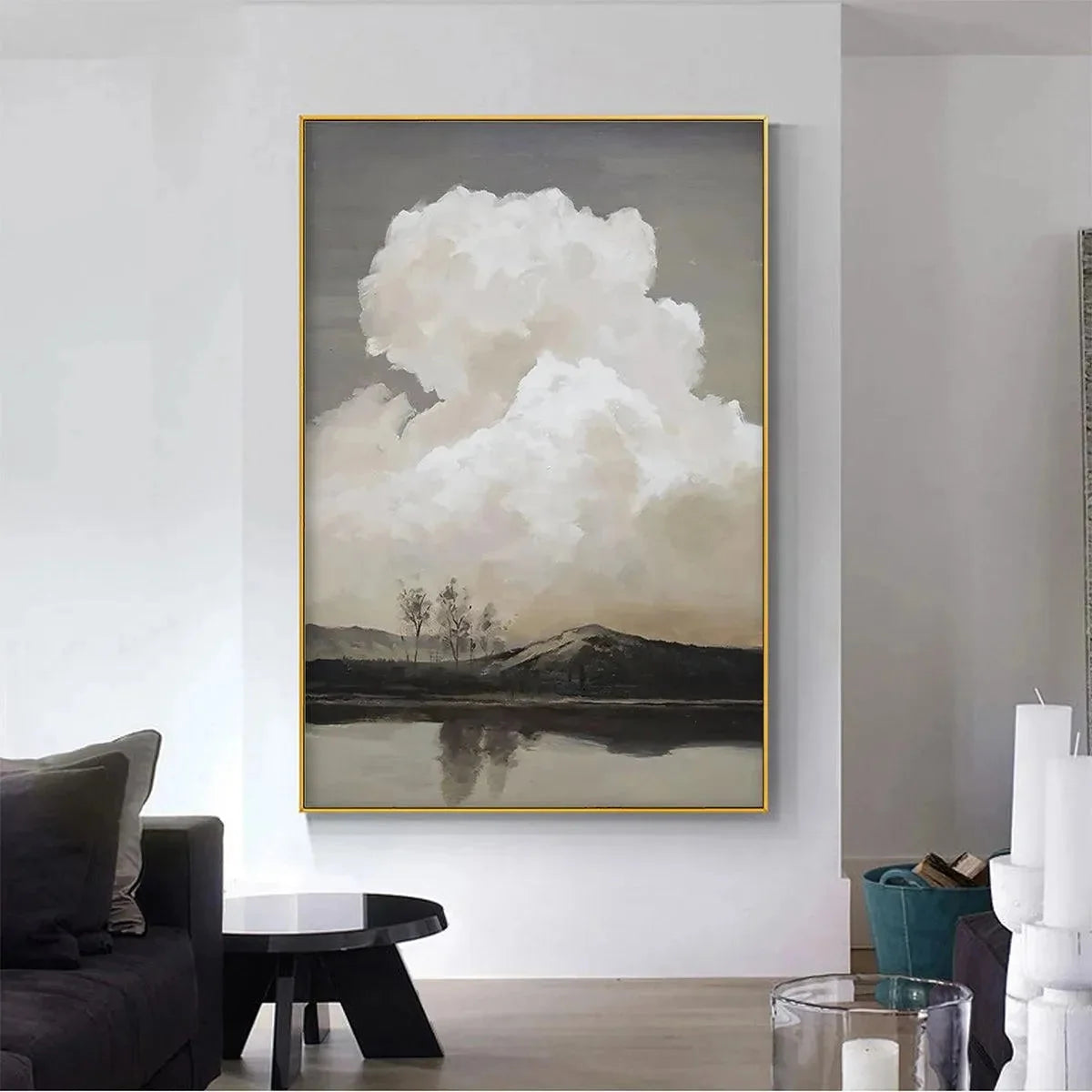 CLOUDY LANDSCAPE: Muted Landscape Painting, Vertical Wall Art | gold frame stretched on neutral wall