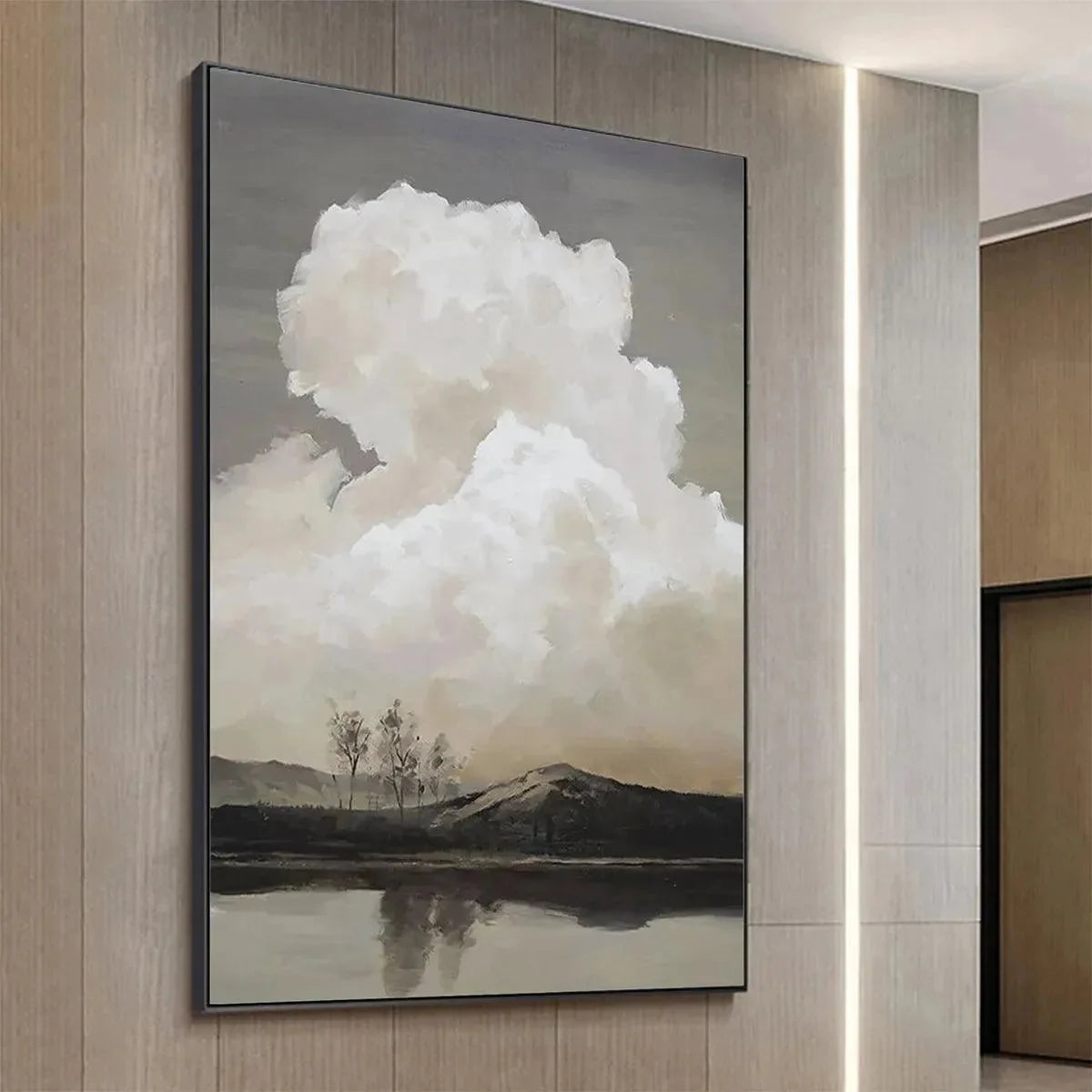 CLOUDY LANDSCAPE: Muted Landscape Painting, Vertical Wall Art | black frame version on white wall