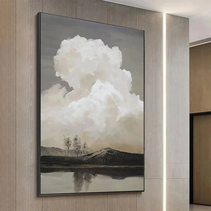 CLOUDY LANDSCAPE: Muted Landscape Painting, Vertical Wall Art | black frame version on white wall