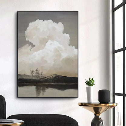 CLOUDY LANDSCAPE: Muted Landscape Painting, Vertical Wall Art | Landscape mood, soft natural light studio shot