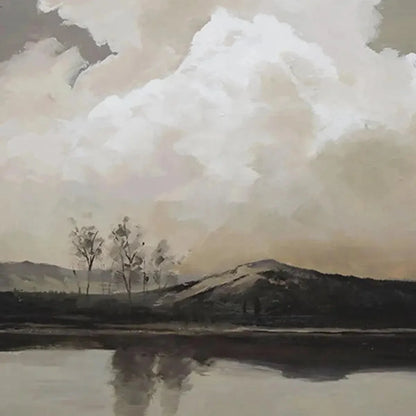 CLOUDY LANDSCAPE: Muted Landscape Painting, Vertical Wall Art | beige palette, original Hand-painted on premium stretched canvas using artist-grade oils; rich layered surface combines smooth gradie...