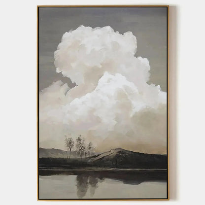 CLOUDY LANDSCAPE: Muted Landscape Painting, Vertical Wall Art | hanging in CLOUDY LANDSCAPE: Muted Landscape Painting, Vertical Wall Art featuring layered textured brushwork in refined tones; lands...