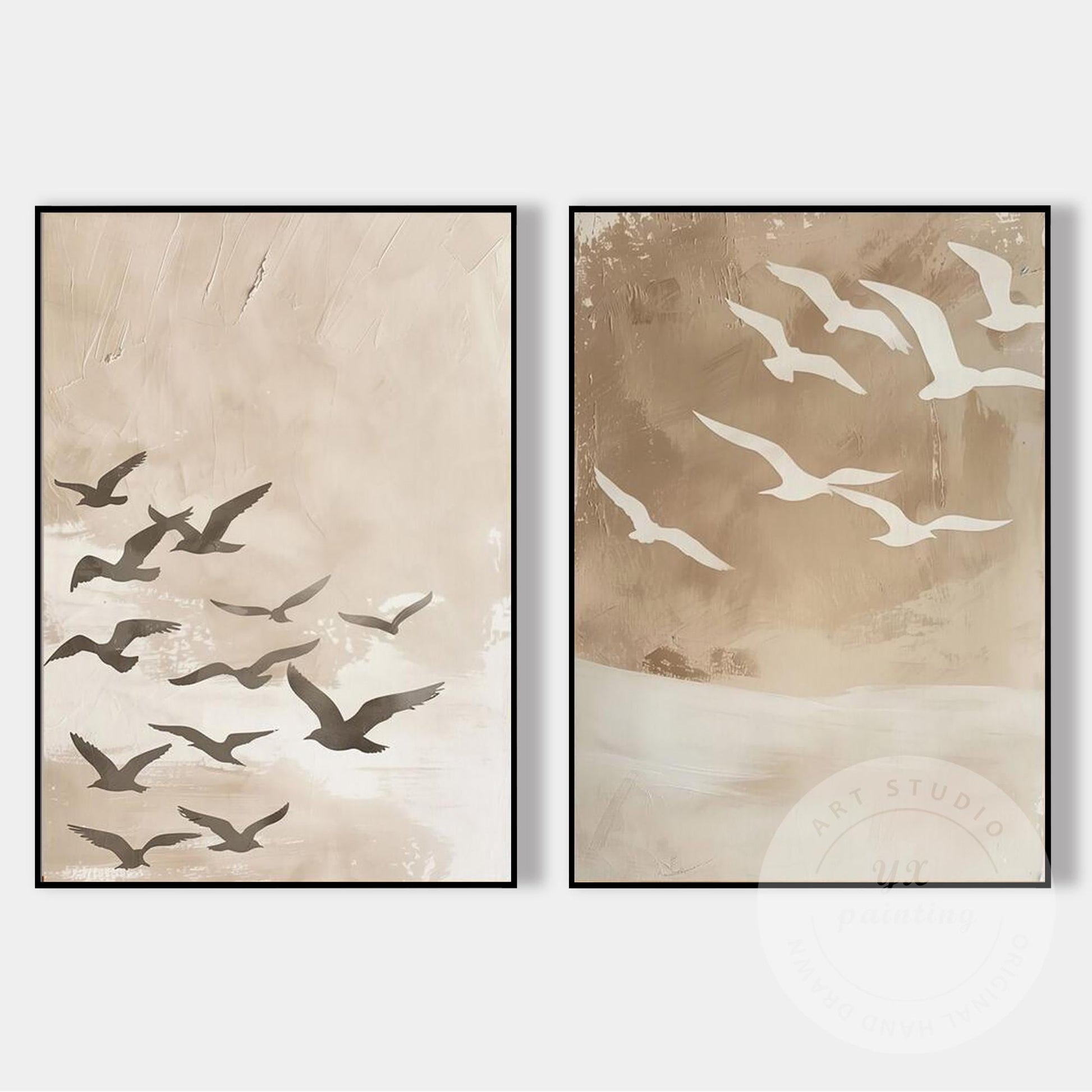 Coastal Bird Wall Art Set of 2, Neutral Beige Seagull Painting, Hand Painted Wab #11