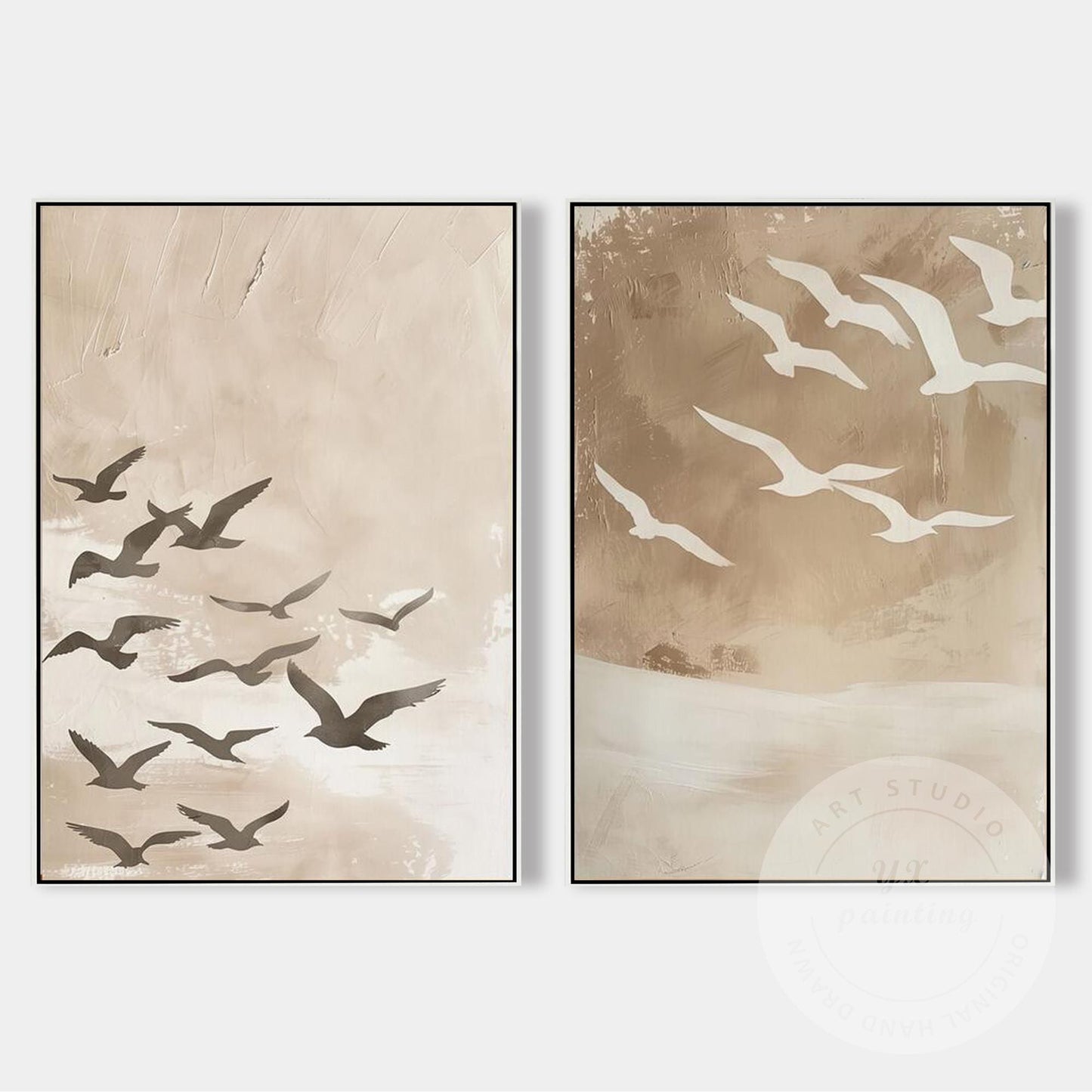 Coastal Bird Wall Art Set of 2, Neutral Beige Seagull Painting, Hand Painted Wab #6